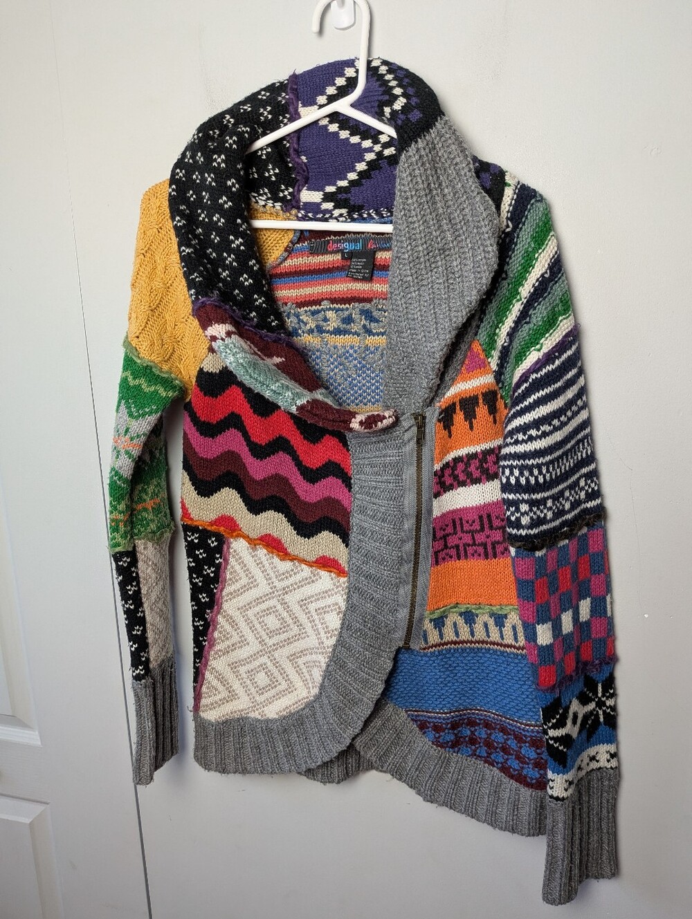 DESIGUAL Wool Mix Women Zip Up Sweater Colorful Size Large Boho Crochet